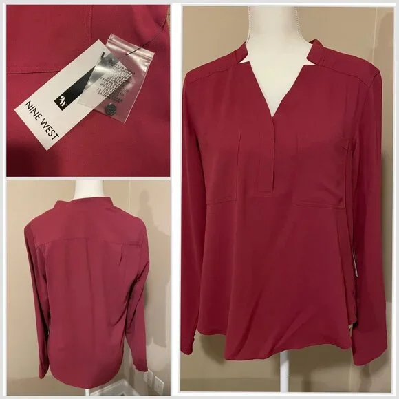 Nine West Notched-Collar Blouse Size M Wine Red Maroon NWT - Picture 2 of 7